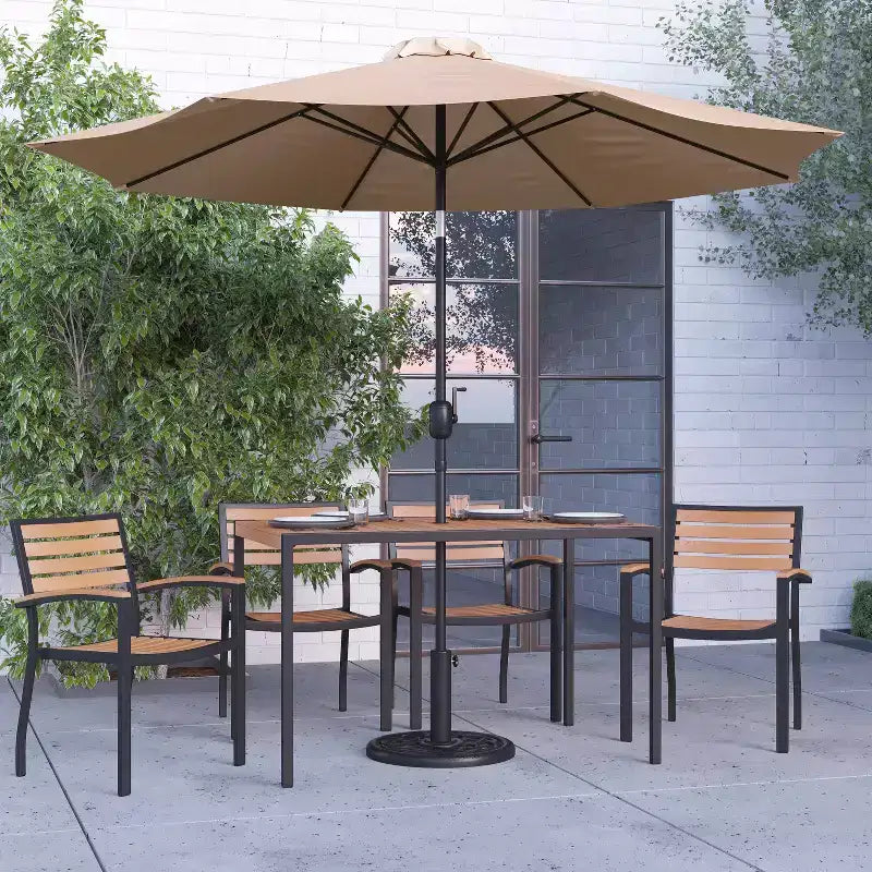 Merrick Lane 7 Piece Dining Set with Umbrella & Base - Steel Framed Table with Umbrella Hole & 4 Club Chairs