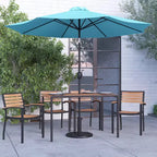 Merrick Lane 7 Piece Dining Set with Umbrella & Base - Steel Framed Table with Umbrella Hole & 4 Club Chairs