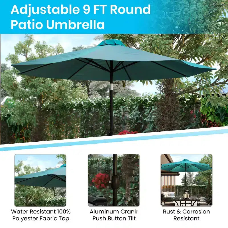 Merrick Lane 7 Piece Dining Set with Umbrella & Base - Steel Framed Table with Umbrella Hole & 4 Club Chairs