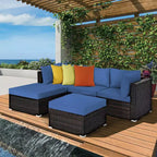 Costway 5PCS Patio Rattan Furniture Set Sectional Conversation Set Ottoman Table Navy