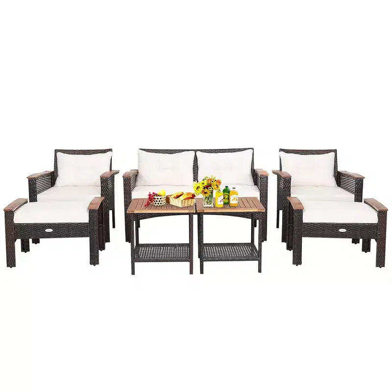 Costway 7PCS Patio Rattan Furniture Set Cushioned Loveseat Sofa Ottoman Table