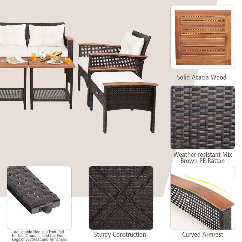 Costway 7PCS Patio Rattan Furniture Set Cushioned Loveseat Sofa Ottoman Table