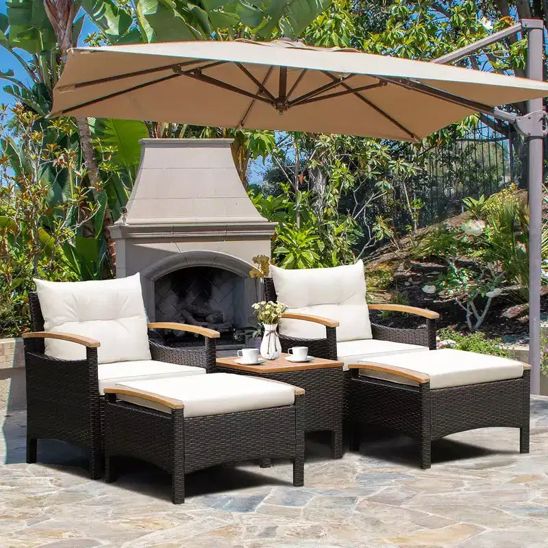 Costway 5PCS Patio Rattan Furniture Set Sofa Ottoman Cushioned Table W/Wood Top