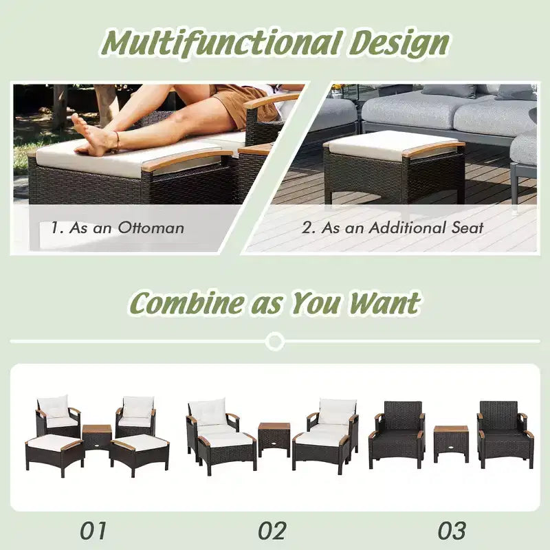 Costway 5PCS Patio Rattan Furniture Set Sofa Ottoman Cushioned Table W/Wood Top
