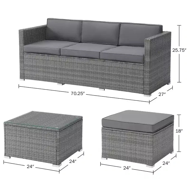 Patio Furniture Set  3-Piece Rattan Outdoor Sofa, Ottoman, and Table Combo for Deck, Pool, Sunroom or Backyard Furniture by Lavish Home (Gray/Blue)