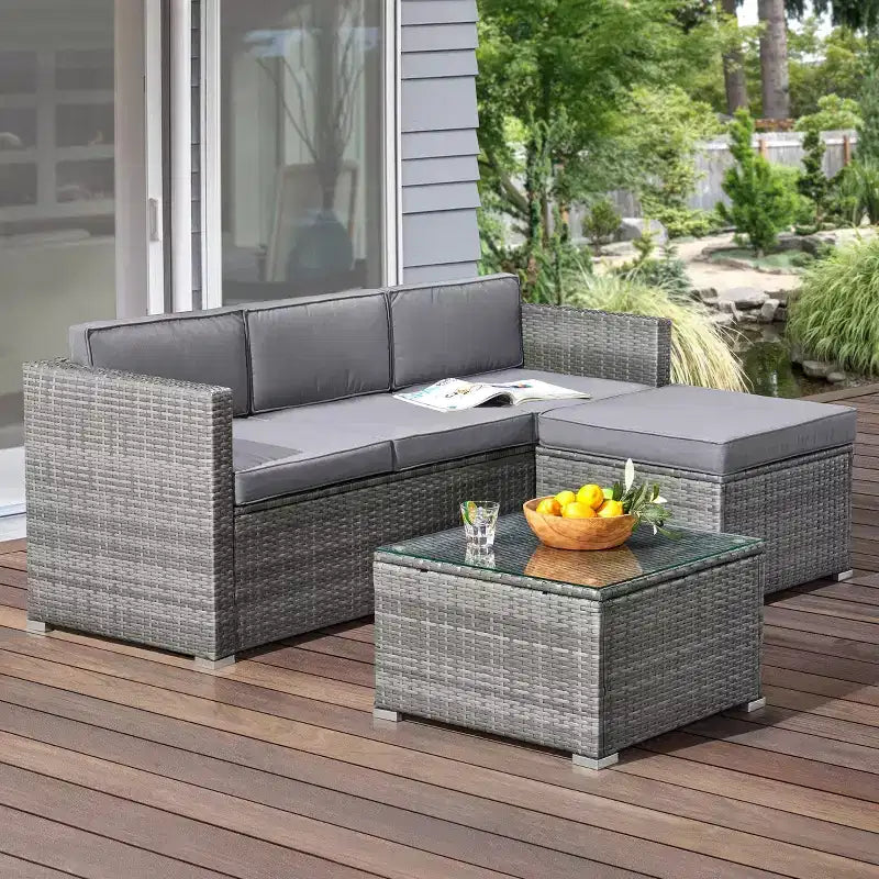 Patio Furniture Set  3-Piece Rattan Outdoor Sofa, Ottoman, and Table Combo for Deck, Pool, Sunroom or Backyard Furniture by Lavish Home (Gray/Blue)
