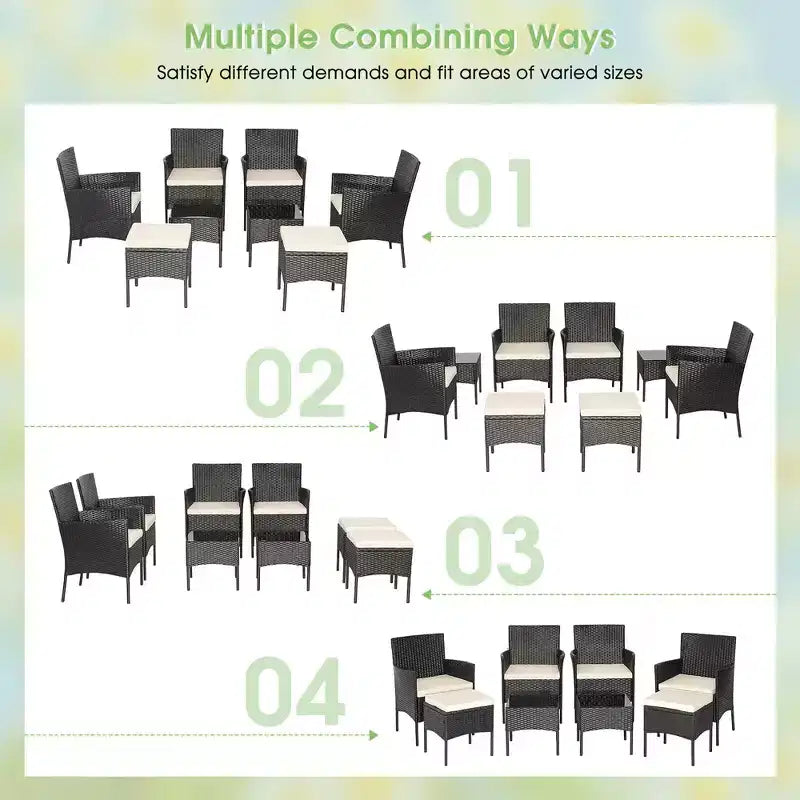 Costway 8PCS Patio Rattan Furniture Set Sofas Ottomans Cushioned Table Free Combination