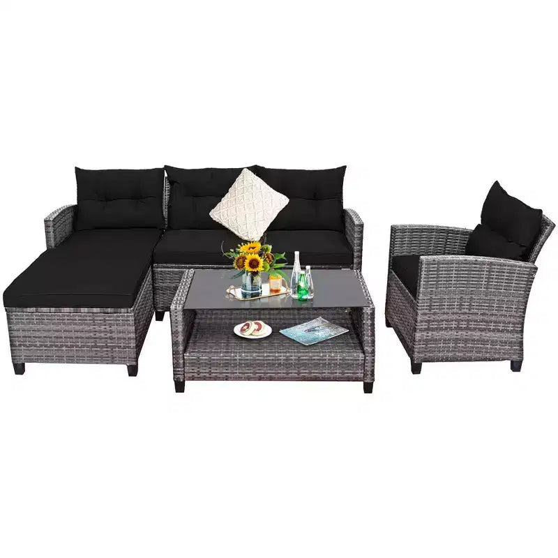 Costway 4PCS Patio Rattan Furniture Set Sofa Ottoman Cushion Garden Deck White/Gray/Black