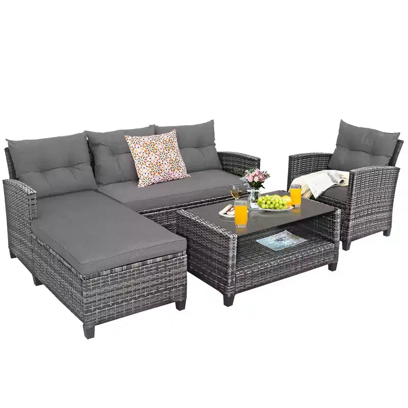 Costway 4PCS Patio Rattan Furniture Set Sofa Ottoman Cushion Garden Deck White/Gray/Black