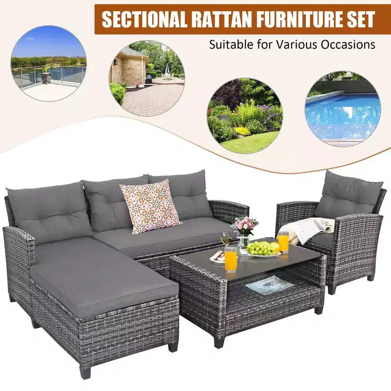 Costway 4PCS Patio Rattan Furniture Set Sofa Ottoman Cushion Garden Deck White/Gray/Black