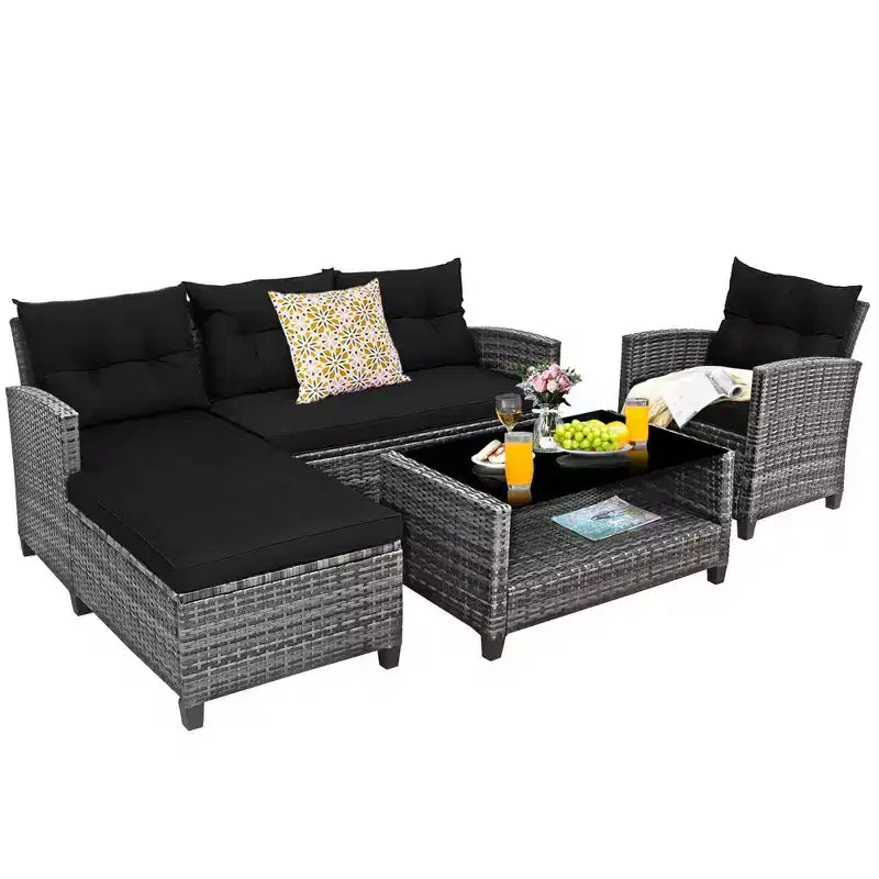 Costway 4PCS Patio Rattan Furniture Set Sofa Ottoman Cushion Garden Deck White/Gray/Black