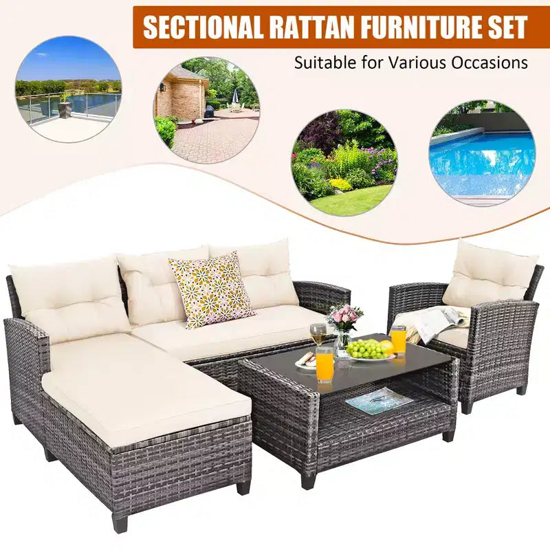 Costway 4PCS Patio Rattan Furniture Set Sofa Ottoman Cushion Garden Deck White/Gray/Black