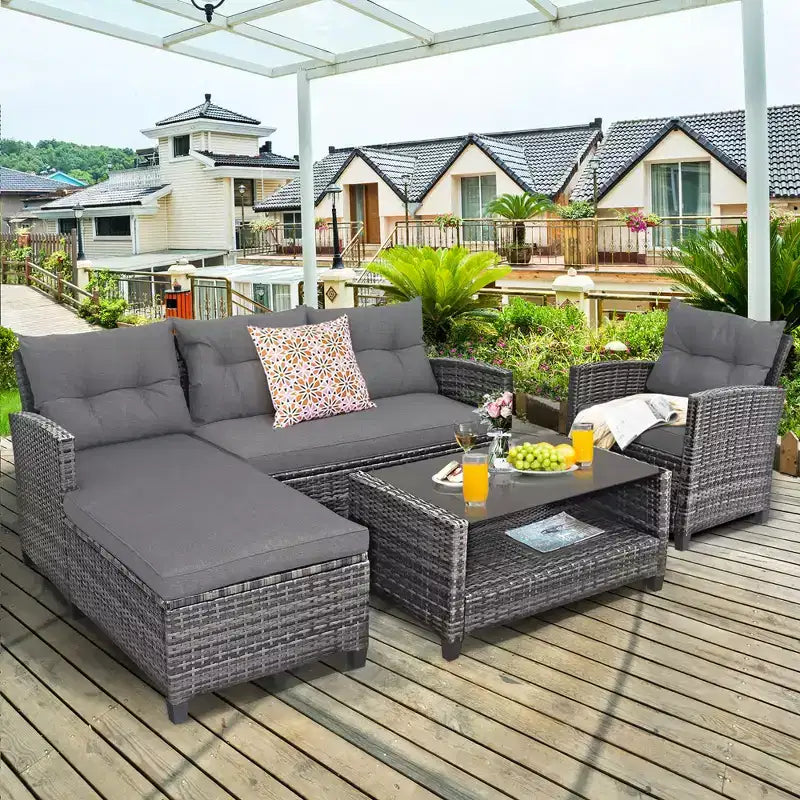 Costway 4PCS Patio Rattan Furniture Set Sofa Ottoman Cushion Garden Deck White/Gray/Black