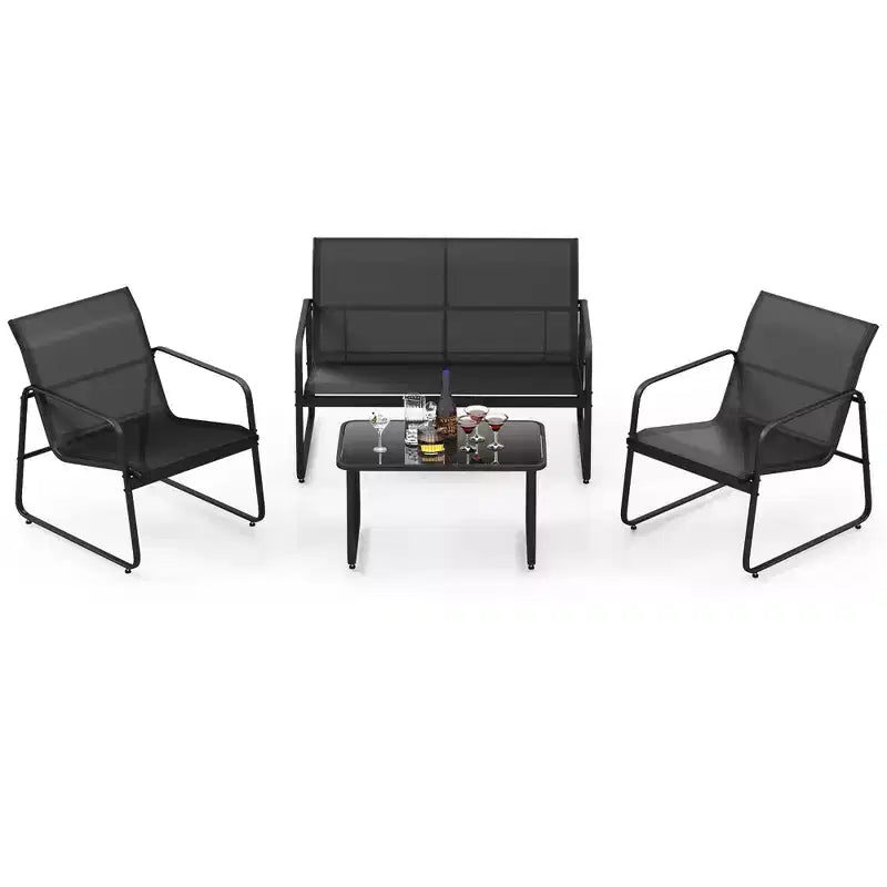 Costway 4 Pieces Patio Furniture Set Outdoor Tempered Glass Coffee Table Chair Loveseat