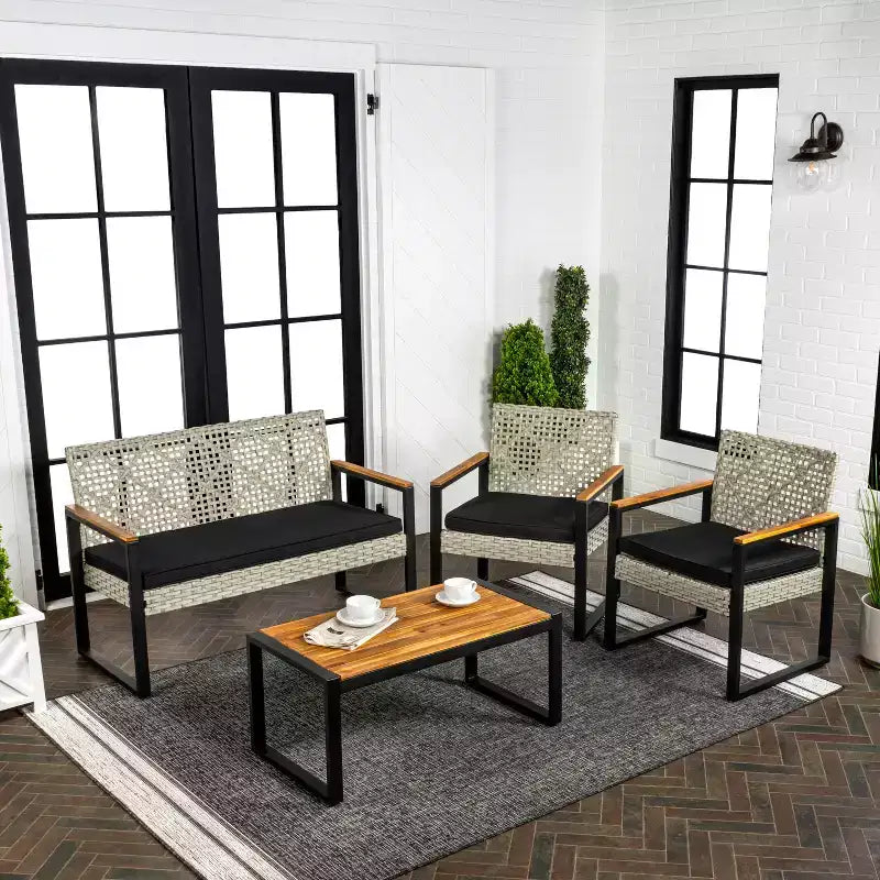 Wilder 4-Piece Modern Coastal Faux Wicker Conversation Outdoor Patio Set - JONATHAN Y