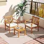 Costway 3 PCS Patio Wood Furniture Set Acacia Wood Chairs & Coffee Table with soft Cushions Grey/White