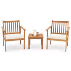 Costway 3 PCS Patio Wood Furniture Set Acacia Wood Chairs & Coffee Table with soft Cushions Grey/White