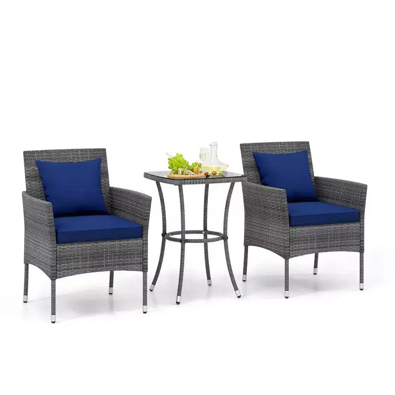 Costway 3 PCS Patio Furniture Set with Cushioned Patio Chairs & Tempered Glass Coffee Table Grey/Navy/White/Black