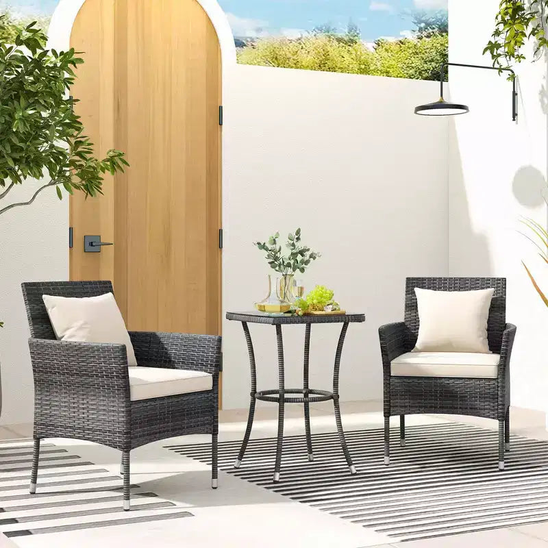 Costway 3-osaline terrassimööbli komplekt polsterdatud terrassitoolide ja karastatud klaasist diivanilauaga, hall/tumesinine/valge/must