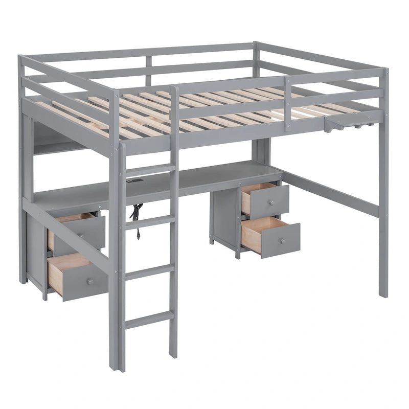 Hochbett mit Schreibtisch und Schränken
