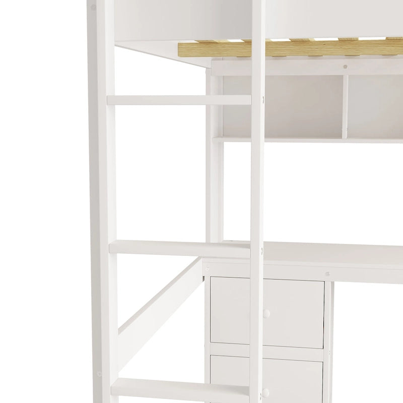 Hochbett mit Schreibtisch und Schränken