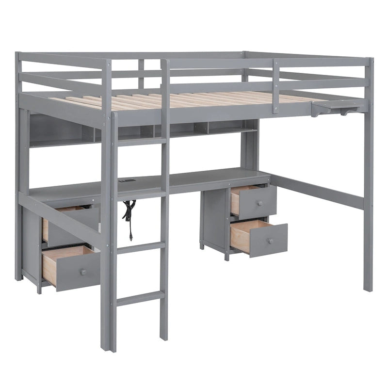 Hochbett mit Schreibtisch und Schränken
