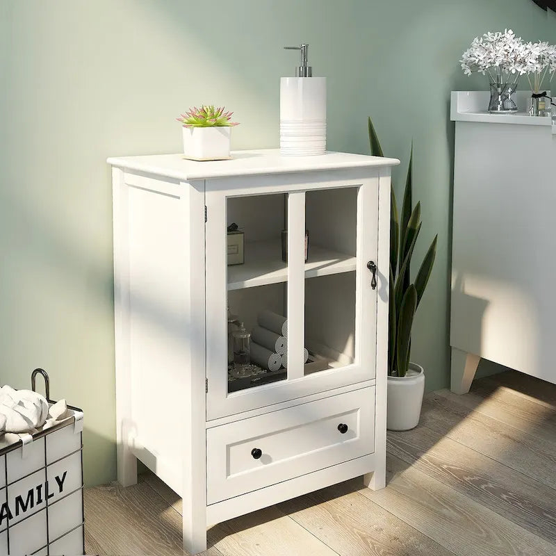 Buffet storage cabinet with glass doors and unique bell handle - 22.05x14.37x31.69
