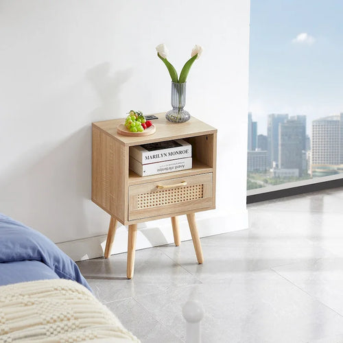 15.75Rattan End table with Power Outlet &USB PortsModern nightstand with drawer and solid wood legs,side table for living room
