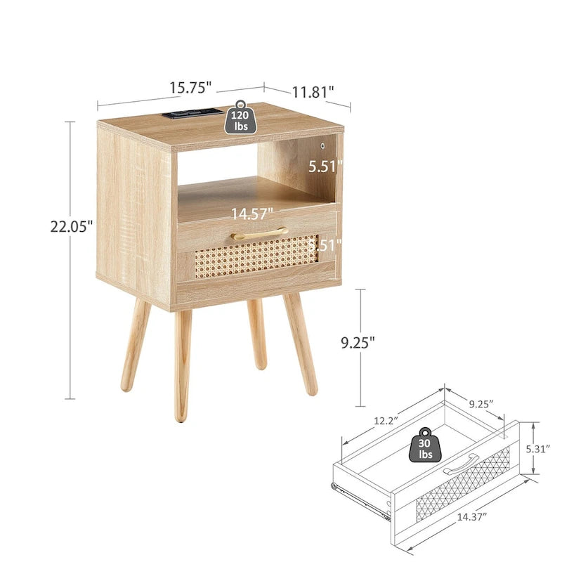 15.75Tavolino in Rattan con Prese di Corrente e Porte USBComodino moderno con cassetto e gambe in legno massello,tavolino da salotto