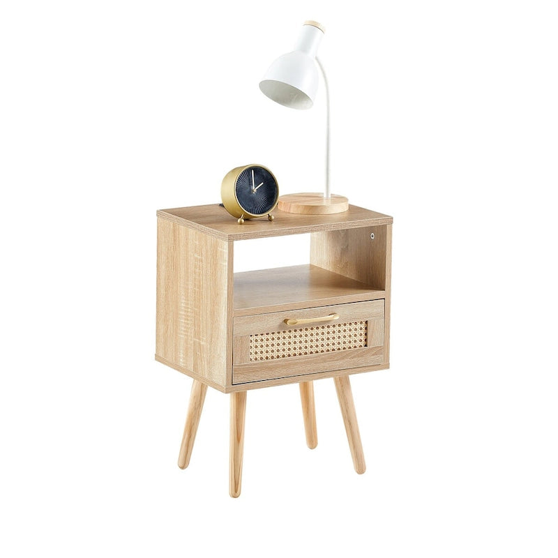 15.75Tavolino in Rattan con Prese di Corrente e Porte USBComodino moderno con cassetto e gambe in legno massello,tavolino da salotto