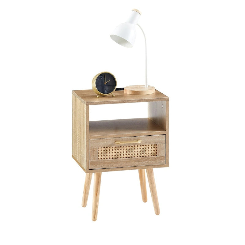 15.75Tavolino in Rattan con Prese di Corrente e Porte USBComodino moderno con cassetto e gambe in legno massello,tavolino da salotto