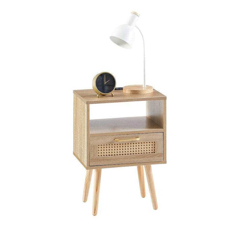 15.75Tavolino in Rattan con Prese di Corrente e Porte USBComodino moderno con cassetto e gambe in legno massello,tavolino da salotto