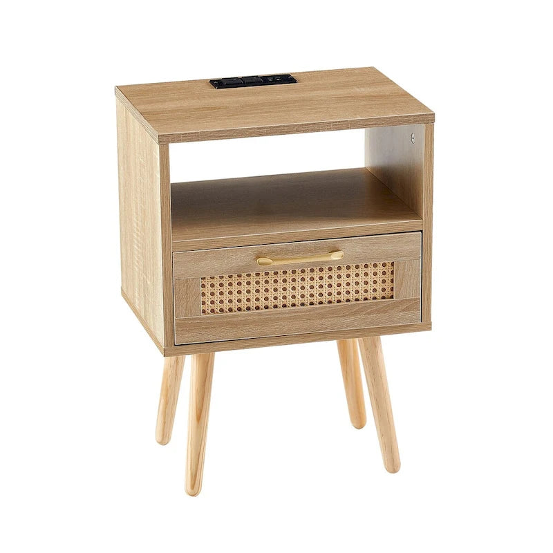 15.75Tavolino in Rattan con Prese di Corrente e Porte USBComodino moderno con cassetto e gambe in legno massello,tavolino da salotto