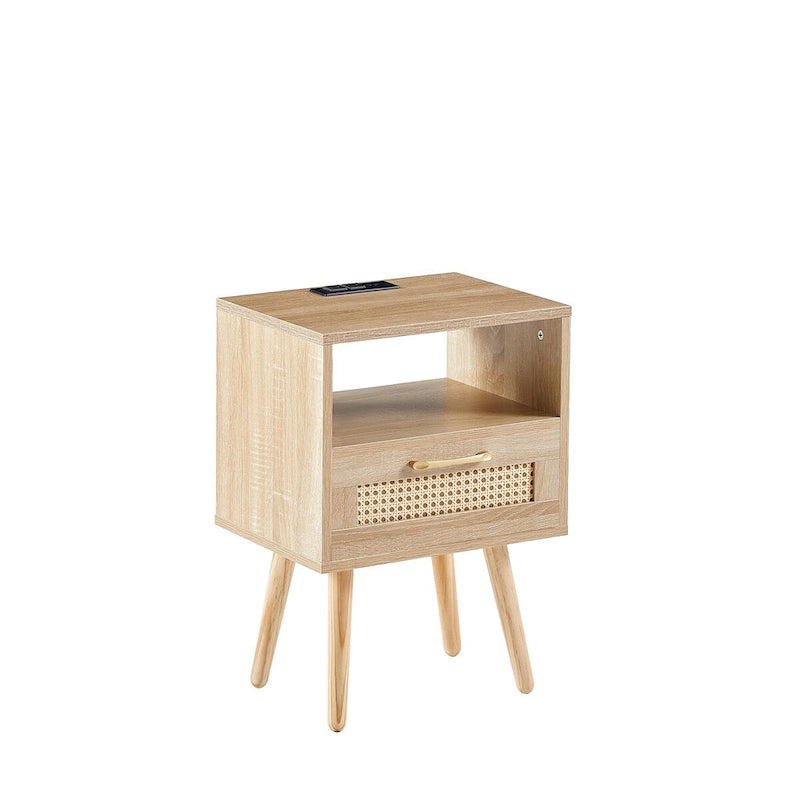 15.75Tavolino in Rattan con Prese di Corrente e Porte USBComodino moderno con cassetto e gambe in legno massello,tavolino da salotto