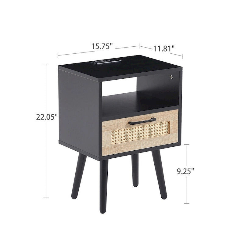 15.75Tavolino in Rattan con Prese di Corrente e Porte USBComodino moderno con cassetto e gambe in legno massello,tavolino da salotto