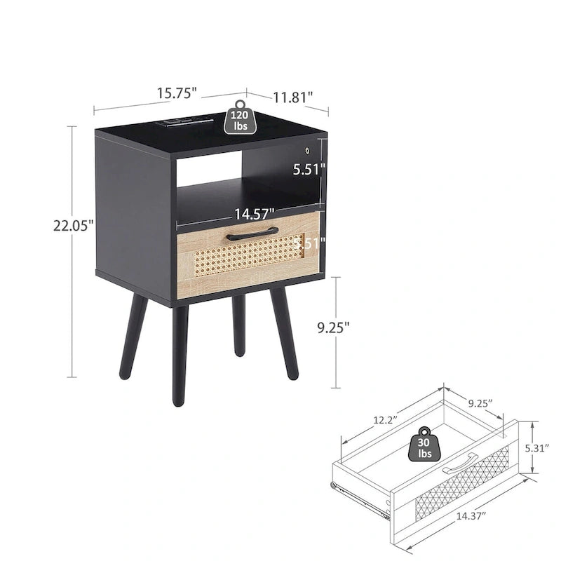 15.75Tavolino in Rattan con Prese di Corrente e Porte USBComodino moderno con cassetto e gambe in legno massello,tavolino da salotto
