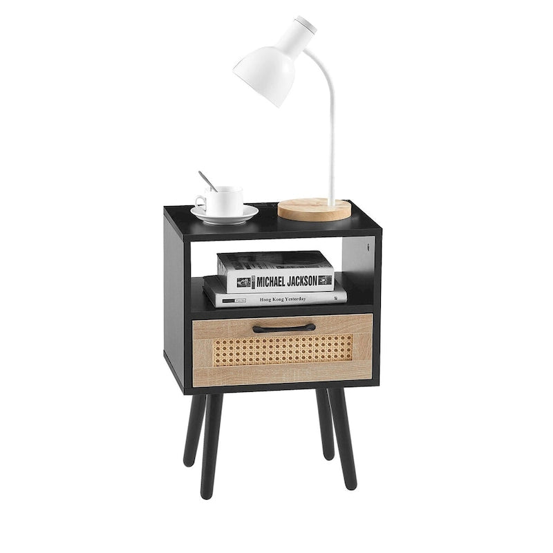 15.75Tavolino in Rattan con Prese di Corrente e Porte USBComodino moderno con cassetto e gambe in legno massello,tavolino da salotto