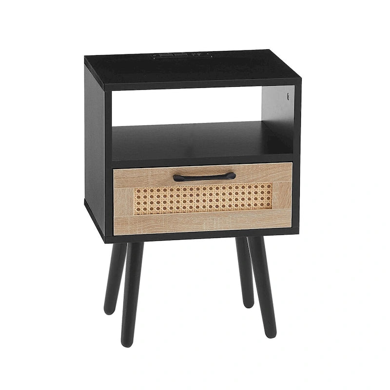 15.75Tavolino in Rattan con Prese di Corrente e Porte USBComodino moderno con cassetto e gambe in legno massello,tavolino da salotto
