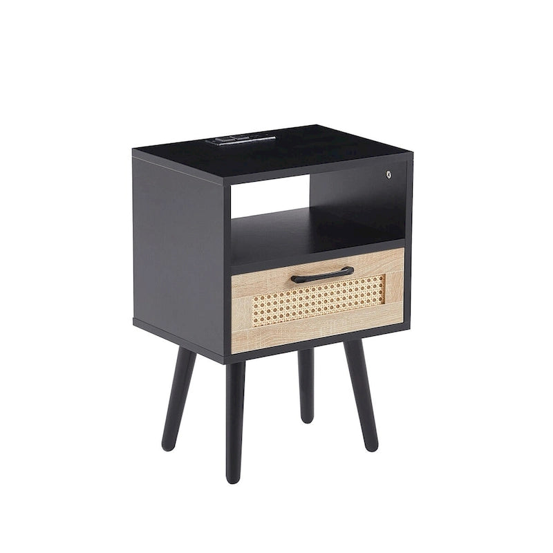15.75Tavolino in Rattan con Prese di Corrente e Porte USBComodino moderno con cassetto e gambe in legno massello,tavolino da salotto