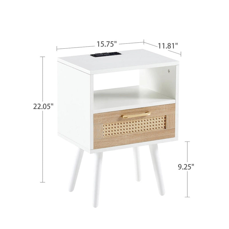 15.75Tavolino in Rattan con Prese di Corrente e Porte USBComodino moderno con cassetto e gambe in legno massello,tavolino da salotto