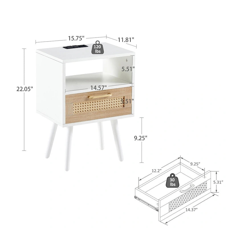15.75Tavolino in Rattan con Prese di Corrente e Porte USBComodino moderno con cassetto e gambe in legno massello,tavolino da salotto