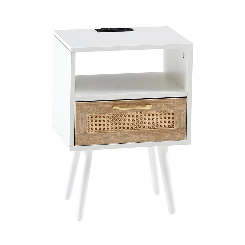 15.75Tavolino in Rattan con Prese di Corrente e Porte USBComodino moderno con cassetto e gambe in legno massello,tavolino da salotto