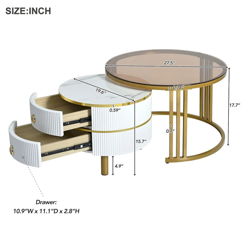 Stapelbarer runder Couchtisch mit 2 Schubladen, moderne Satztische