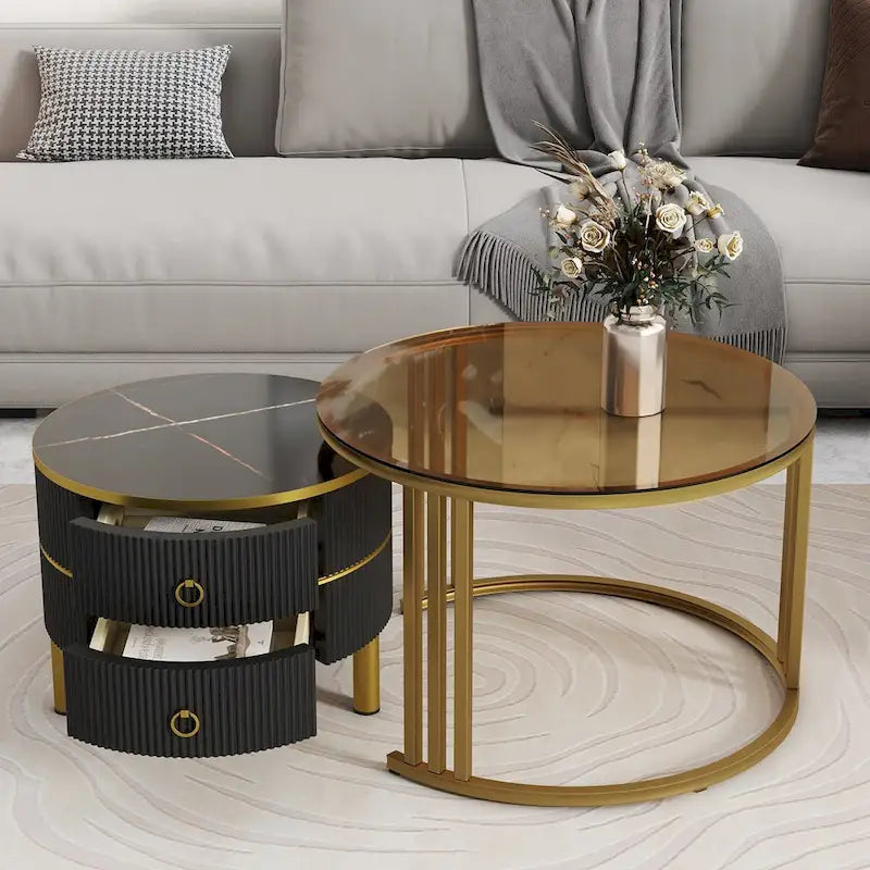 Stapelbarer runder Couchtisch mit 2 Schubladen, moderne Satztische