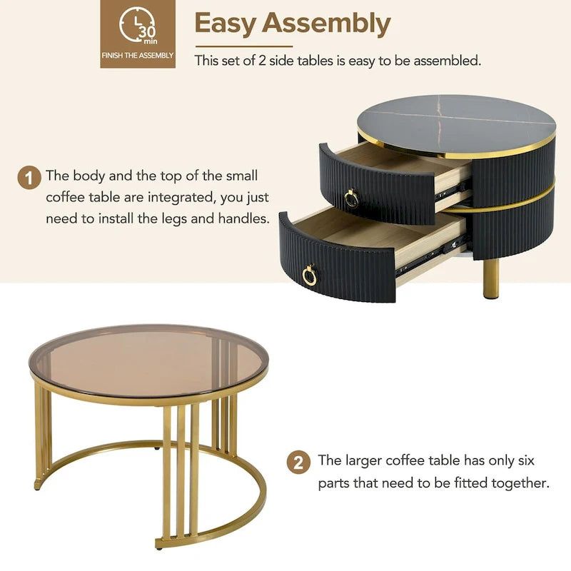 Stapelbarer runder Couchtisch mit 2 Schubladen, moderne Satztische
