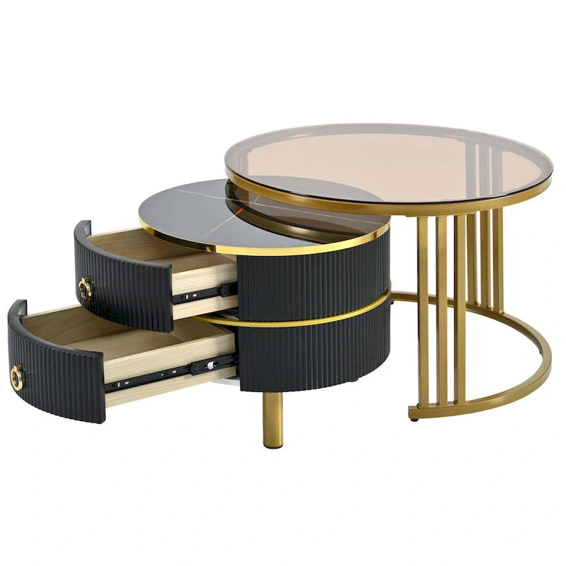 Stapelbarer runder Couchtisch mit 2 Schubladen, moderne Satztische