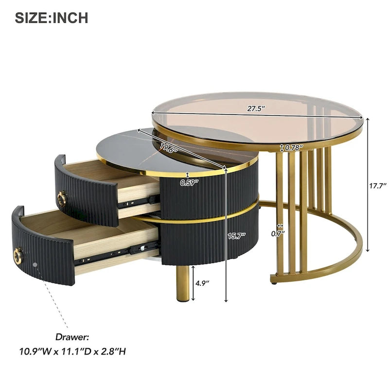 Stapelbarer runder Couchtisch mit 2 Schubladen, moderne Satztische