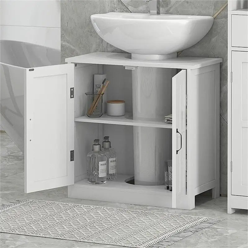 Mobiletto sottopiano da bagno in legno con ripiano regolabile (senza lavabo)